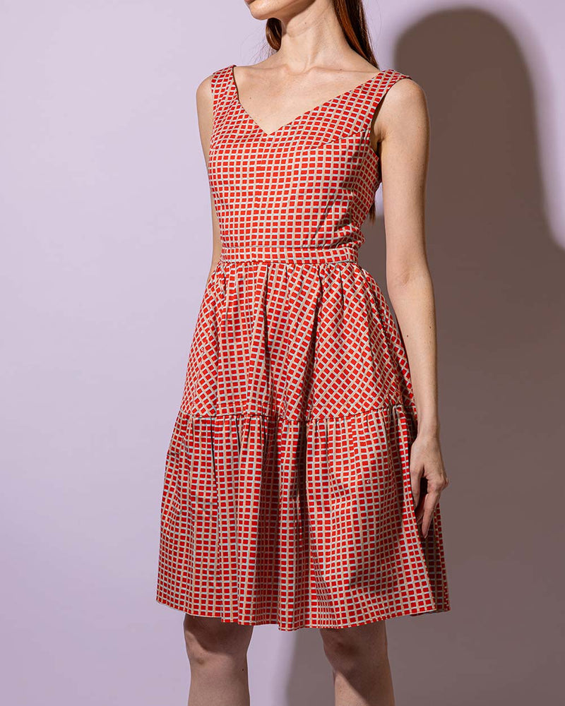 Cotton Orange Checked Sleeveless Dress