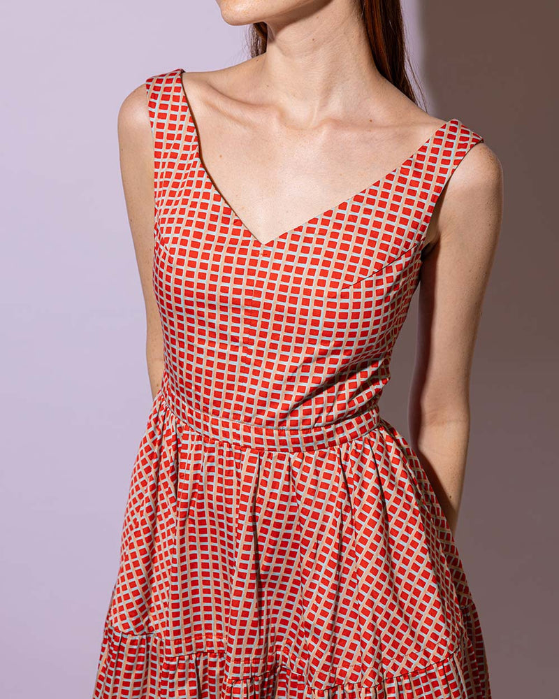 Cotton Orange Checked Sleeveless Dress