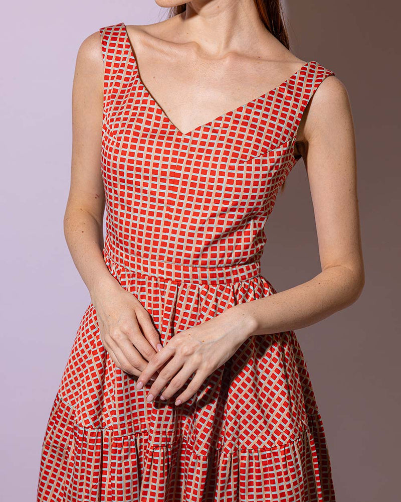 Cotton Orange Checked Sleeveless Dress