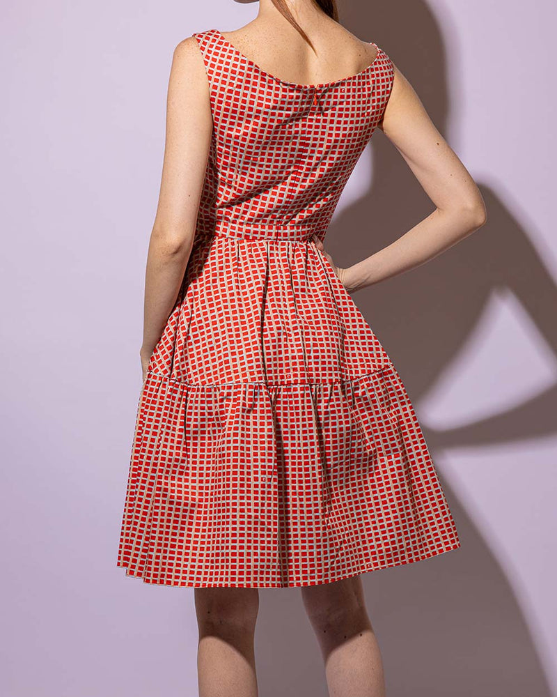 Cotton Orange Checked Sleeveless Dress