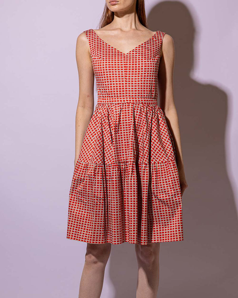 Cotton Orange Checked Sleeveless Dress