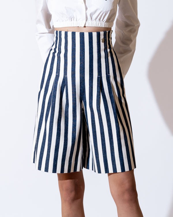 Navy Blue & White Striped Denim Shorts