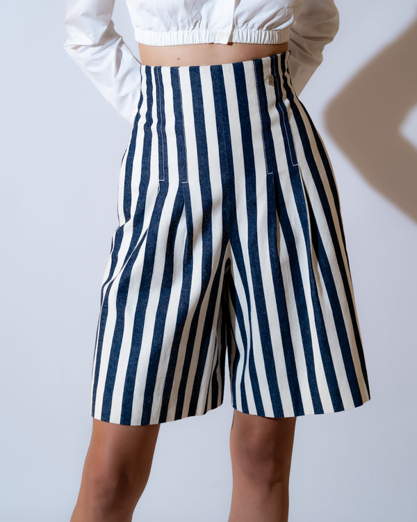 Navy Blue & White Striped Denim Shorts