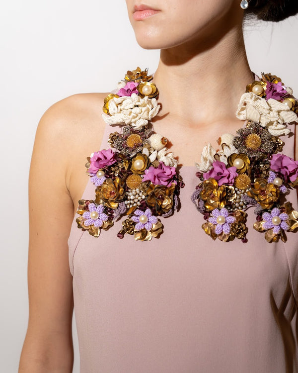 Hand-Embroidered Floral Silk Sleeveless Dress