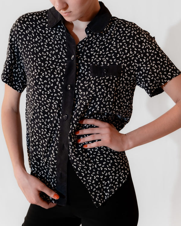 Printed Short Sleeve Button-Up Top