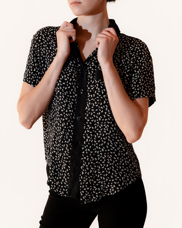 Printed Short Sleeve Button-Up Top