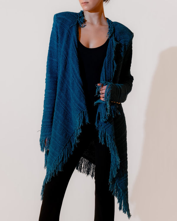 Blue Textured Knit Fringed Open Front