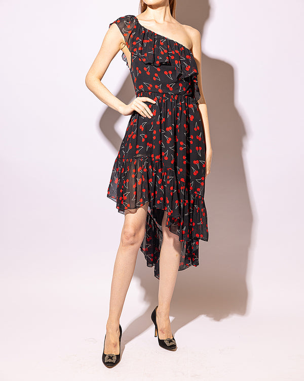 Black Silk one-shoulder Ruffle Cherry Georgette Print Dress