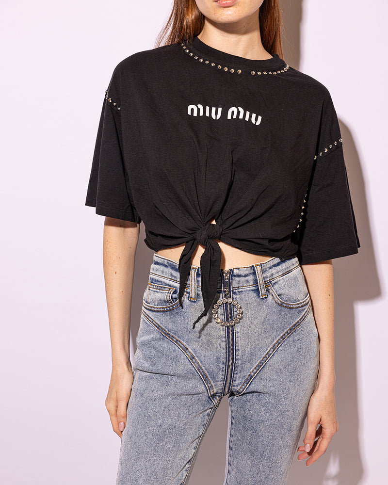 Embellished Cropped Cotton T-Shirt