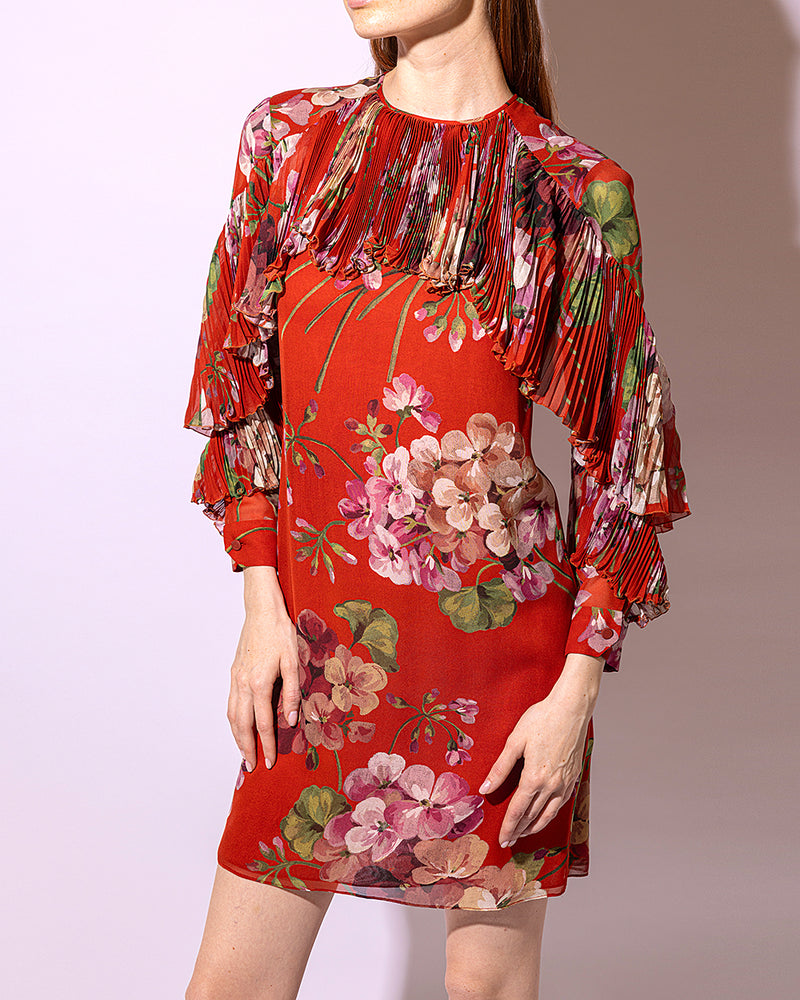 Pleated Floral Print Silk-Chiffon Mini Dress