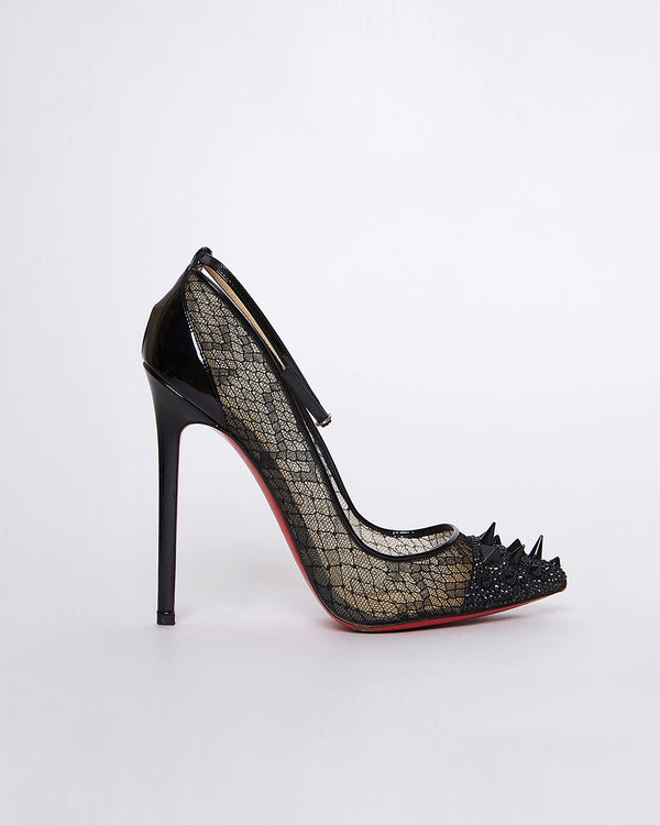 Black Mesh And Patent Leather Spikes Ankle Strap Pumps