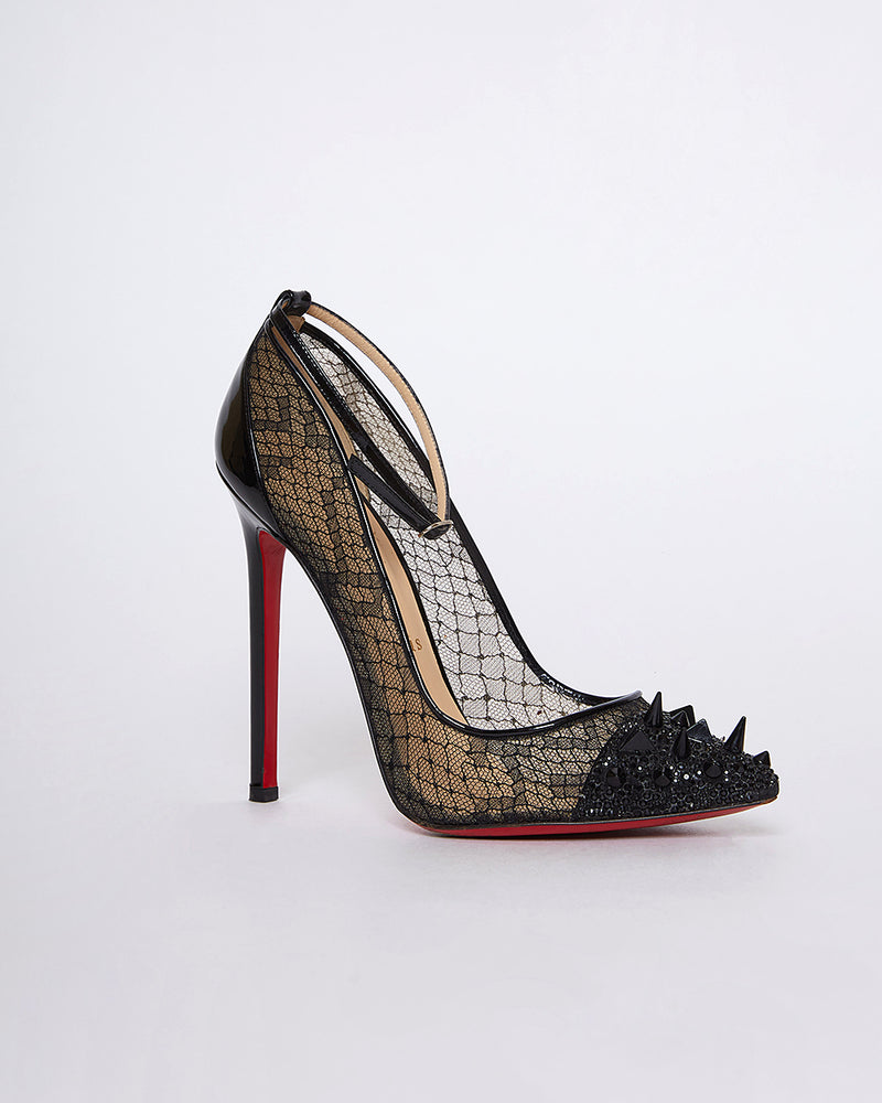 Black Mesh And Patent Leather Spikes Ankle Strap Pumps