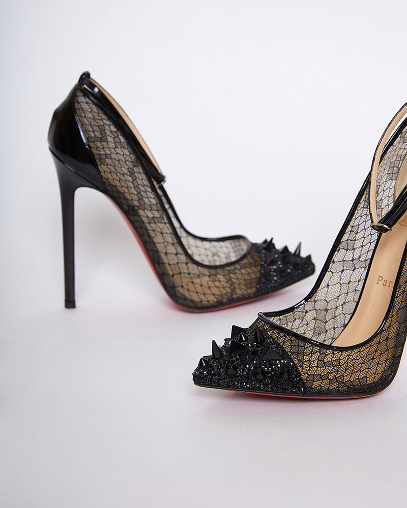 Black Mesh And Patent Leather Spikes Ankle Strap Pumps