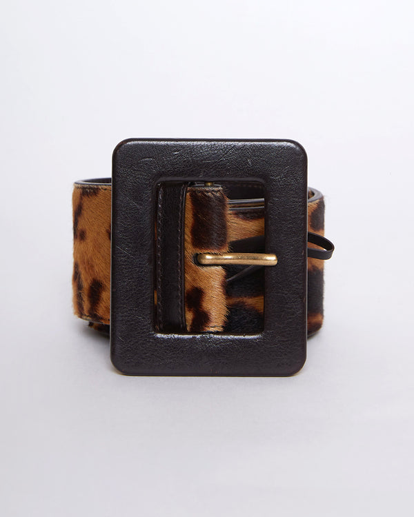 Brown Leopard Print Calf-hair and Leather Wide Buckle Belt