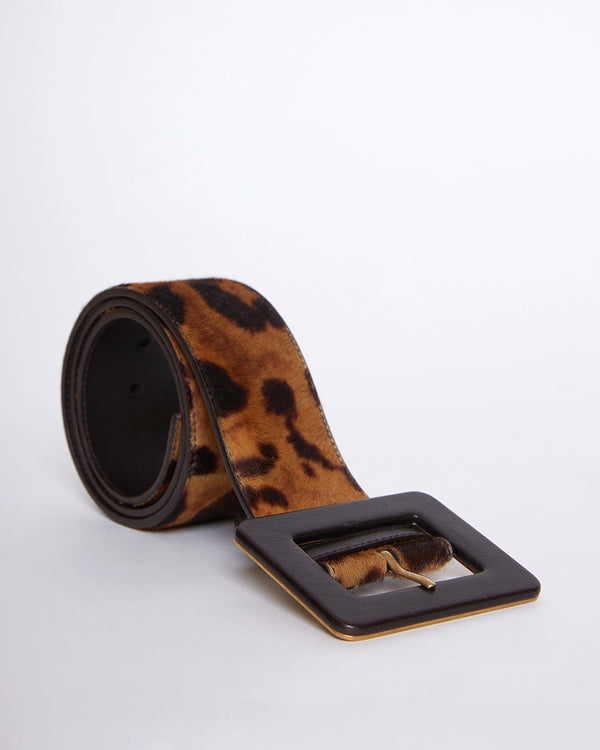 Brown Leopard Print Calf-hair and Leather Wide Buckle Belt
