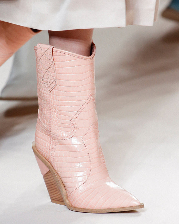 RUNWAY FW18 Pink embossed leather cowboy boots with Wooden heels