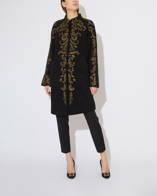 Black Wool Coat with gold baroque embroidery
