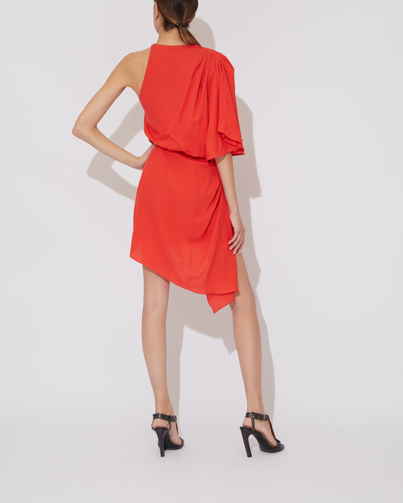 One Shoulder Silk Mini Dress in coral red