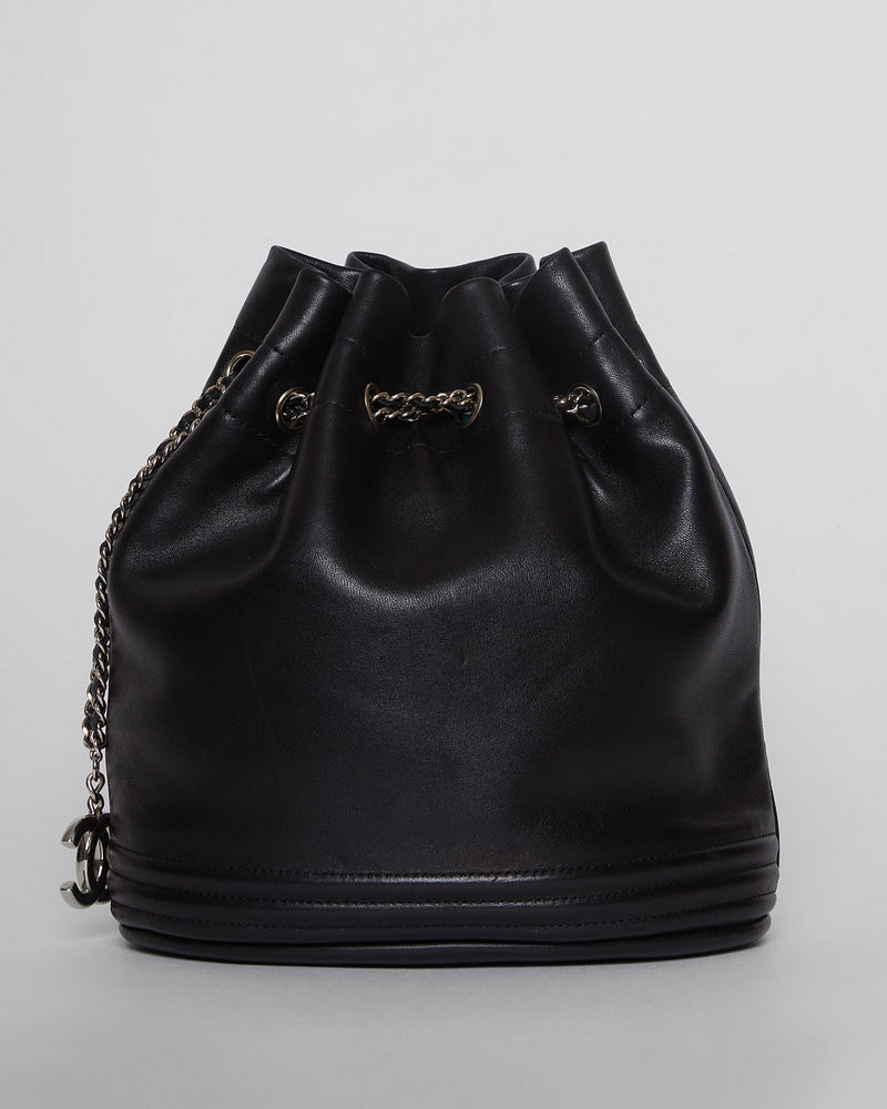Drawstring Bucket Clutch Bag in Black