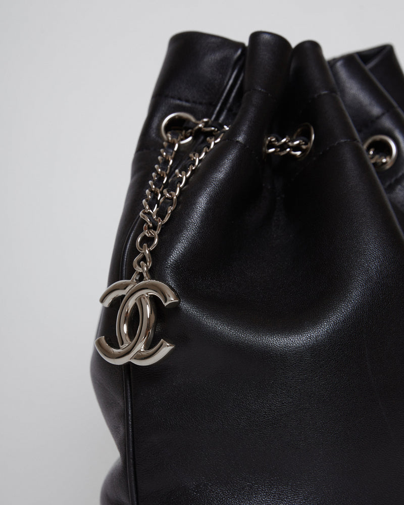 Drawstring Bucket Clutch Bag in Black