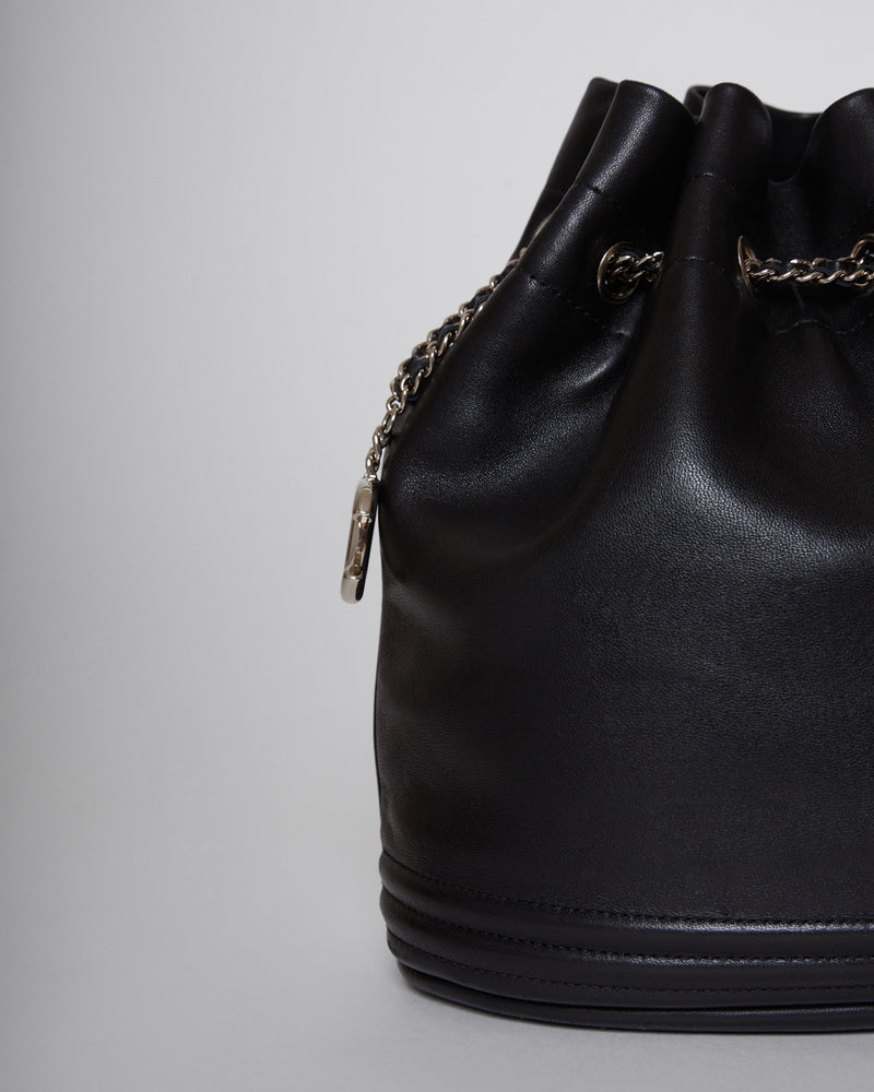 Drawstring Bucket Clutch Bag in Black