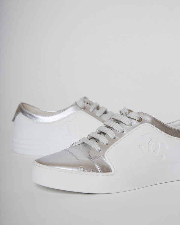 White/Silver Leather and Rubber CC Low Top Sneakers