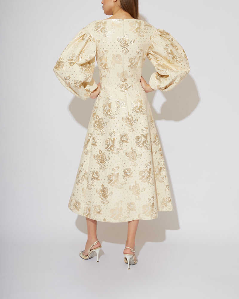 Resort 2018 Ivory Midi Dress in metallic floral fibre