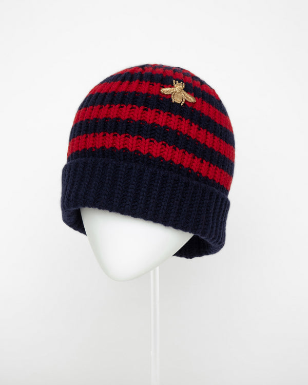 Striped wool beanie hat with gold bee embroidery
