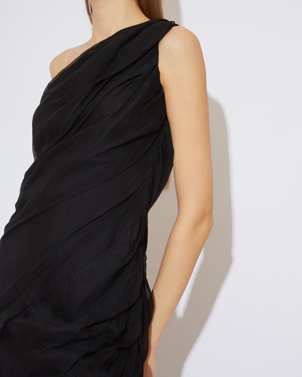 Black Shirred One Shoulder Evening Dress