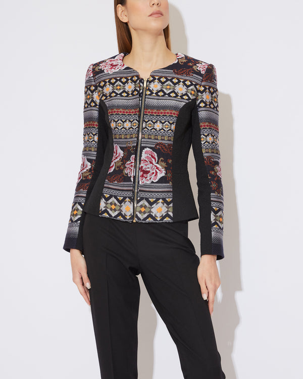 Zip Front Jacquard Jacket with floral motif