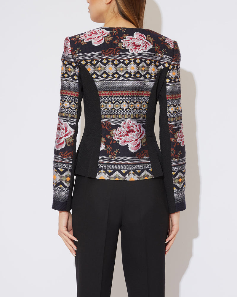 Zip Front Jacquard Jacket with floral motif