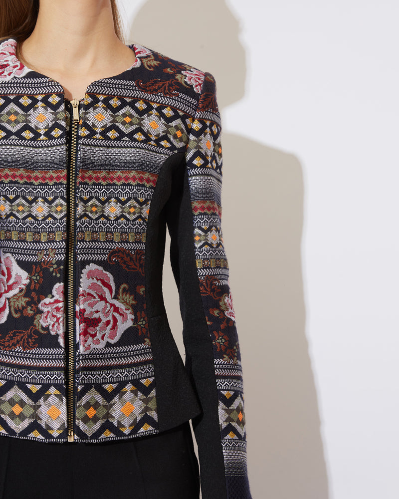 Zip Front Jacquard Jacket with floral motif