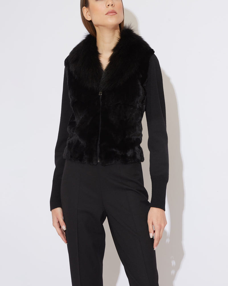 Black Wool cardigan with fox fur collar