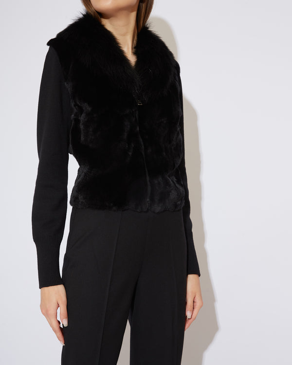 Black Wool cardigan with fox fur collar