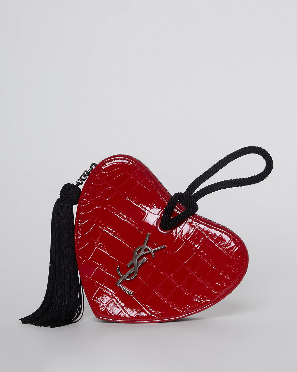 SAINT LAURENT Patent Crocodile Embossed Sac Coeur Heart Shaped Clutch Black  1264215