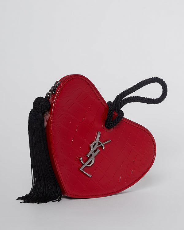 YSL Sac Coeur Heart Shaped Clutch IN CROCODILE-EMBOSSED RED SHINY LEATHER