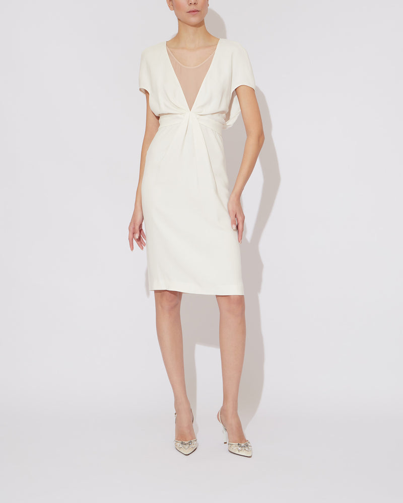 White Midi Dress with beige chiffon neckline