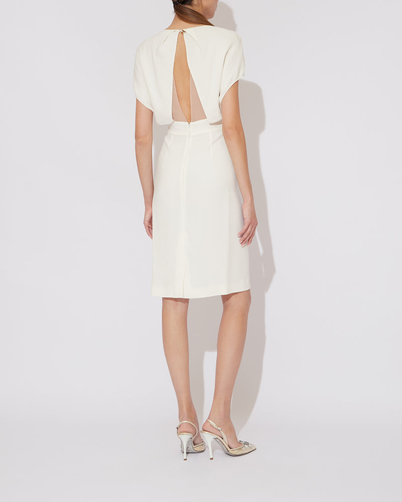 White Midi Dress with beige chiffon neckline